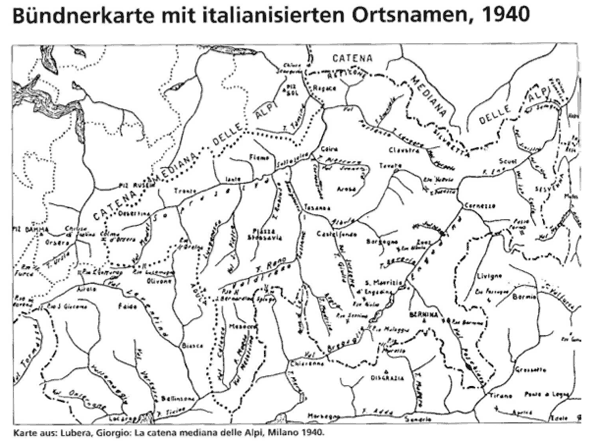 Bündnerkarte mit italianisierten Ortsnamen.