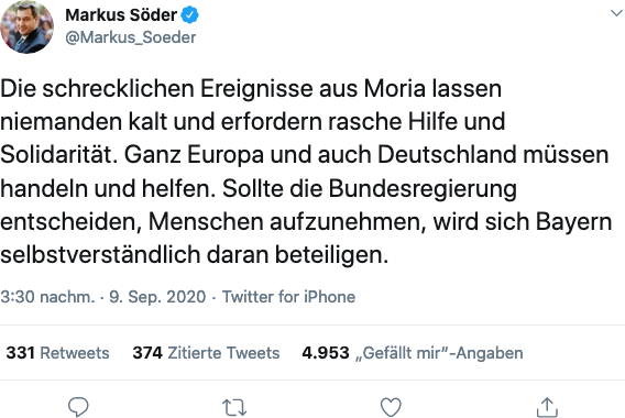 Die schrecklichen Ereignisse aus Moria lassen niemanden kalt und erfordern rasche Hilfe und Solidarität. Ganz Europa und auch Deutschland müssen handeln und helfen. Sollte die Bundesregierung entscheiden, Menschen aufzunehmen, wird sich Bayern selbstverständlich daran beteiligen.